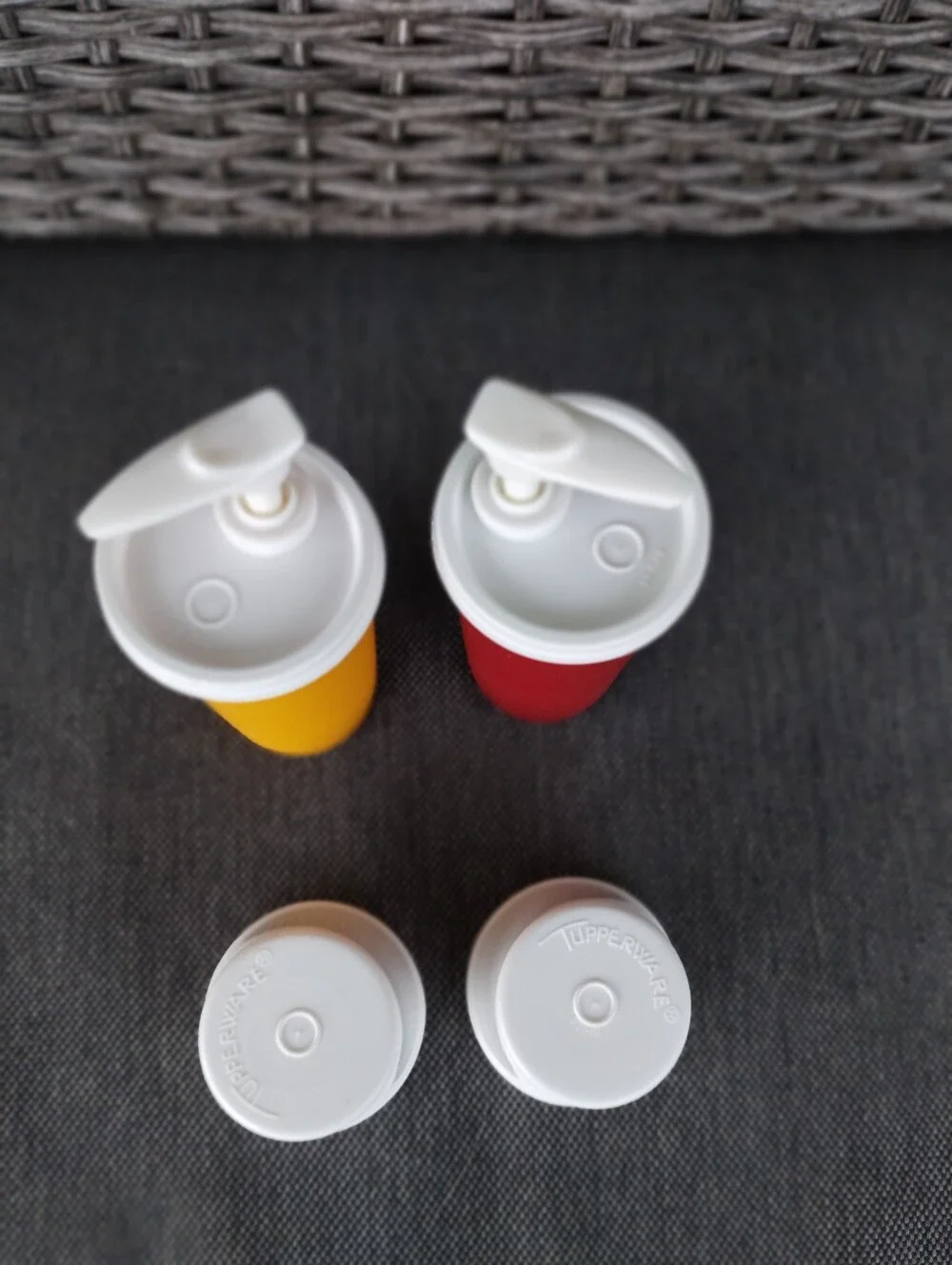 Vintage Tupperware Ketchup Mustard Pump Dispensers Red Yellow Cups Set